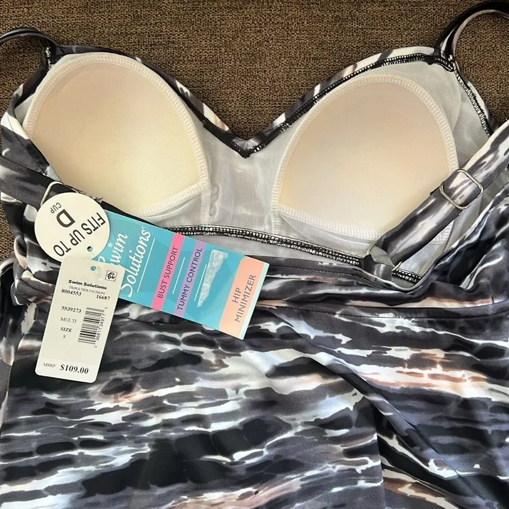 New Swim Solutions Triple Tiered Tummy Control One Piece Swimsuit Size 8 - Picture 6 of 10